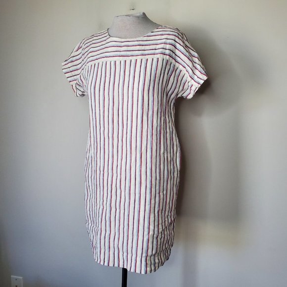 ANTHRO MO:VINT Linen Cream Striped Boho Lagenlook Shift Beach Dress - Picture 3 of 14